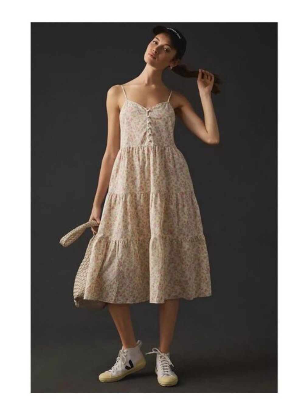 Anthropologie Cream Floral Tiered Denimist Montauk, NY Midi Dress